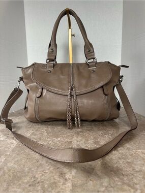 Style & Co. Taupe Crossbody Satchel Bag Studded Tassels Classic Chic Boho Indie